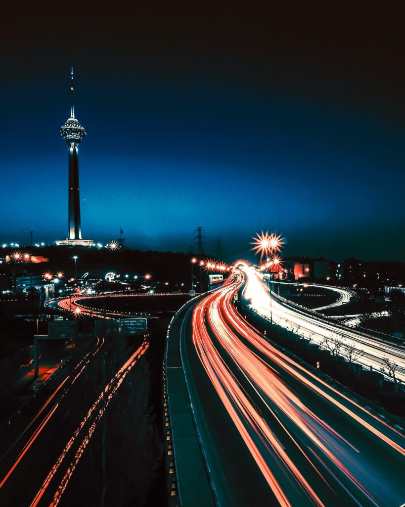 night, road, cars