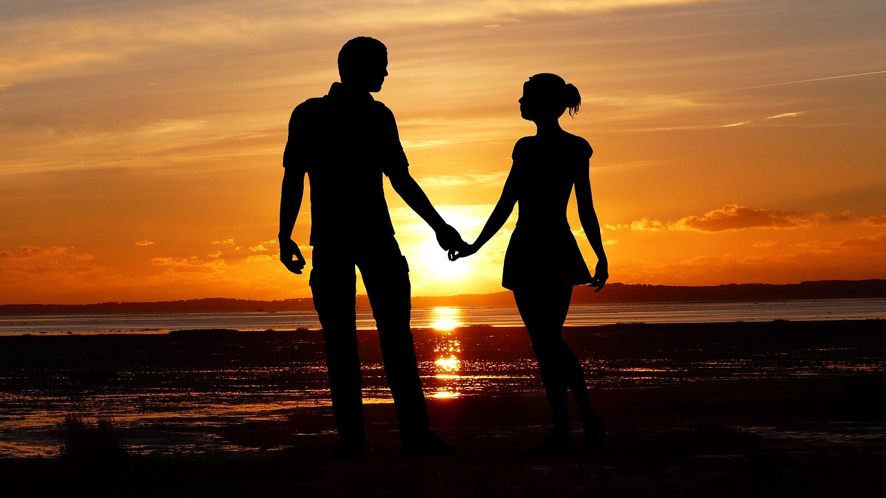 sunset, couple, nature