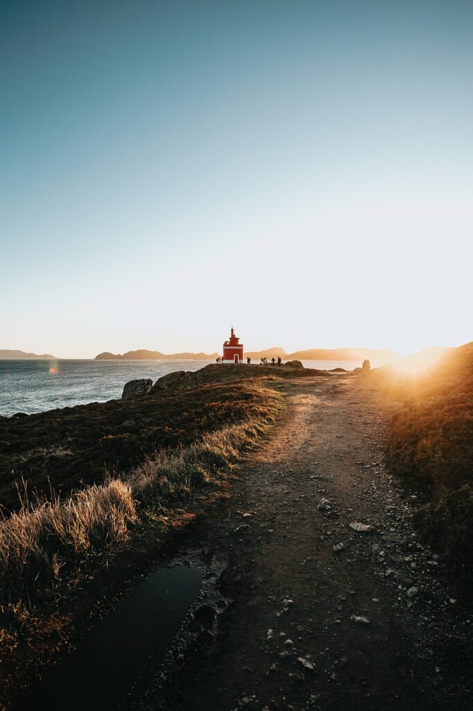 lighthouse, sunset, sea