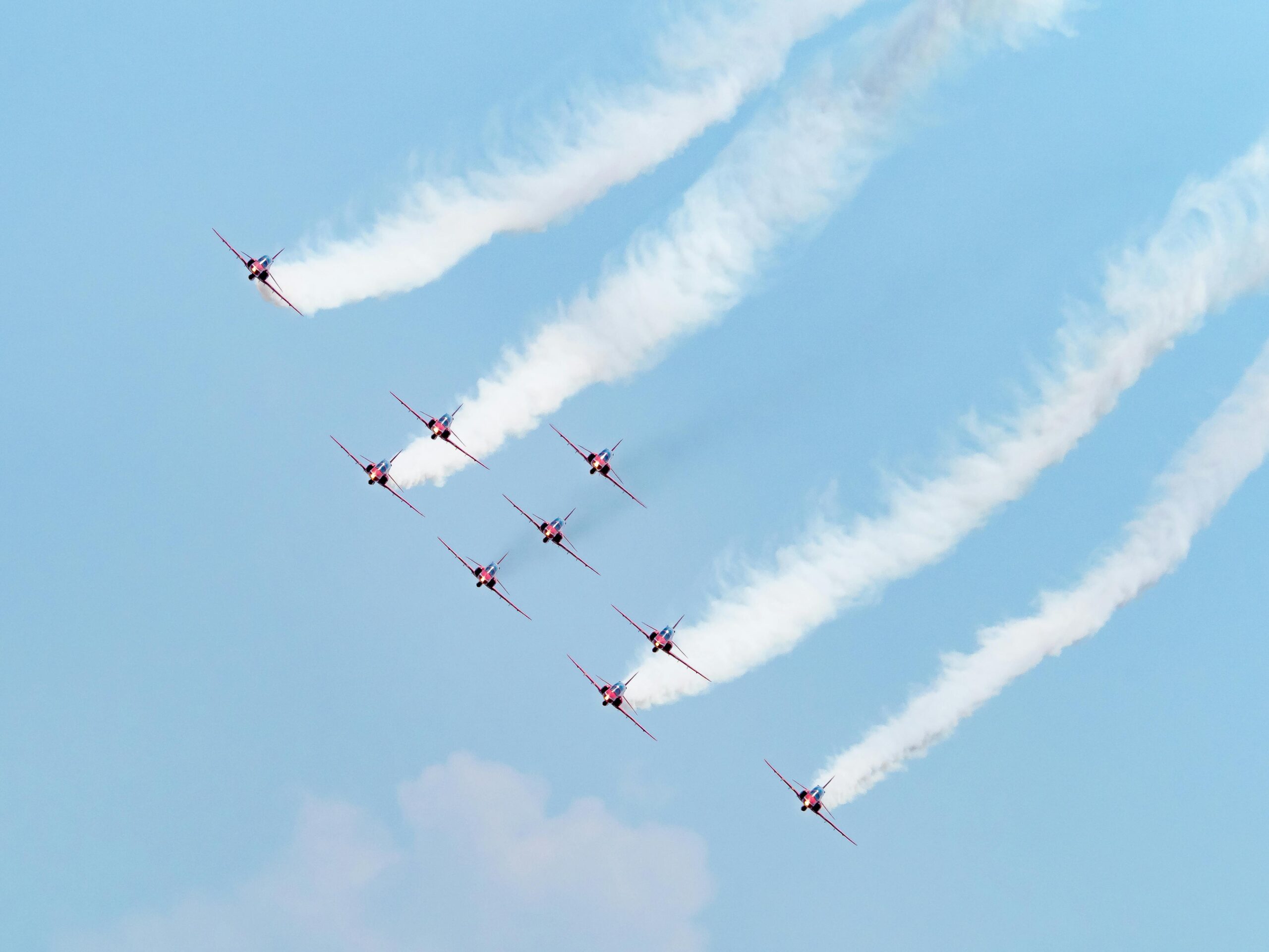 Spectacular Red Arrows aerobatic display showcasing precision flying against a clear blue sky.