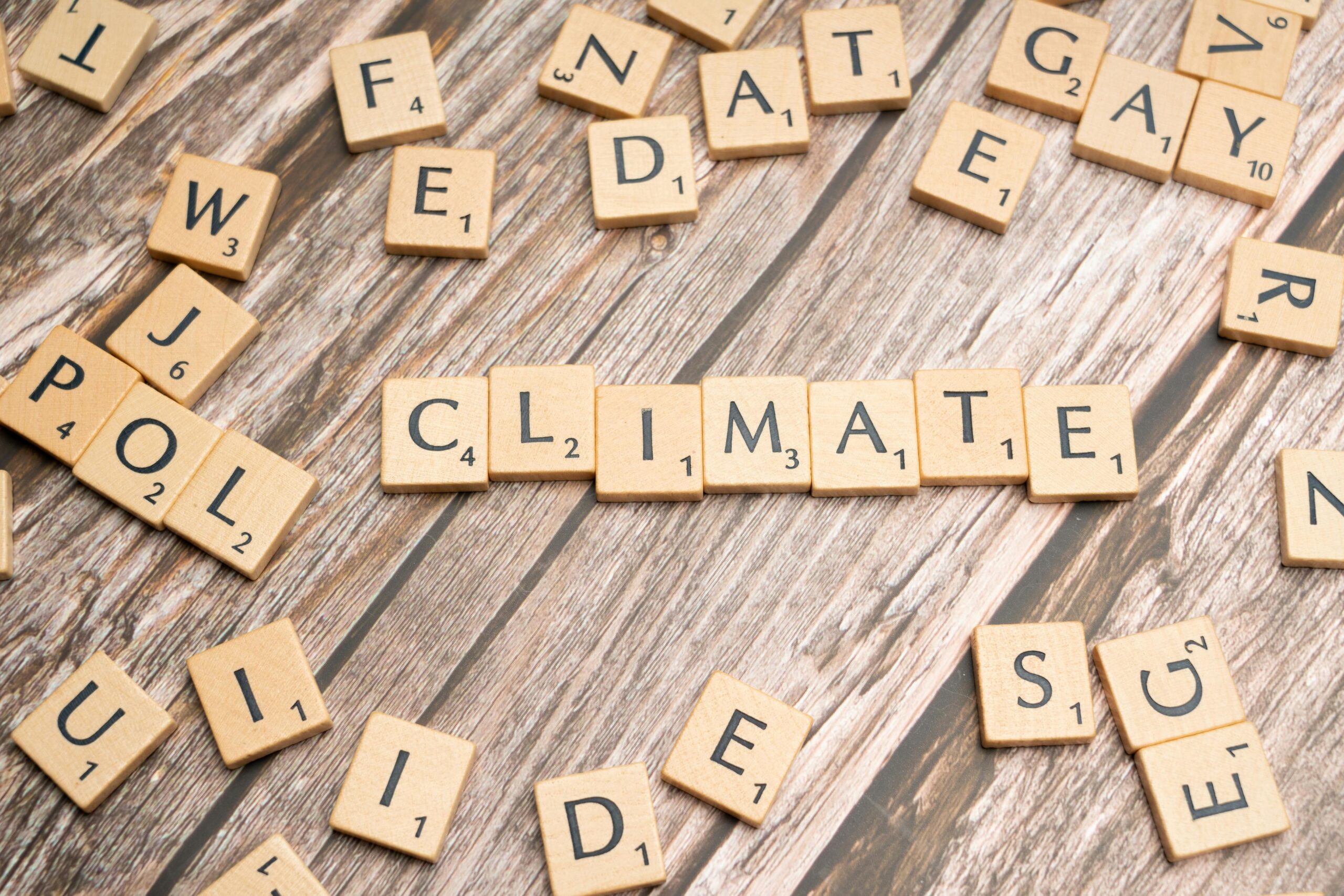 Wooden Scrabble tiles arranged to spell 'CLIMATE' on a wooden surface.