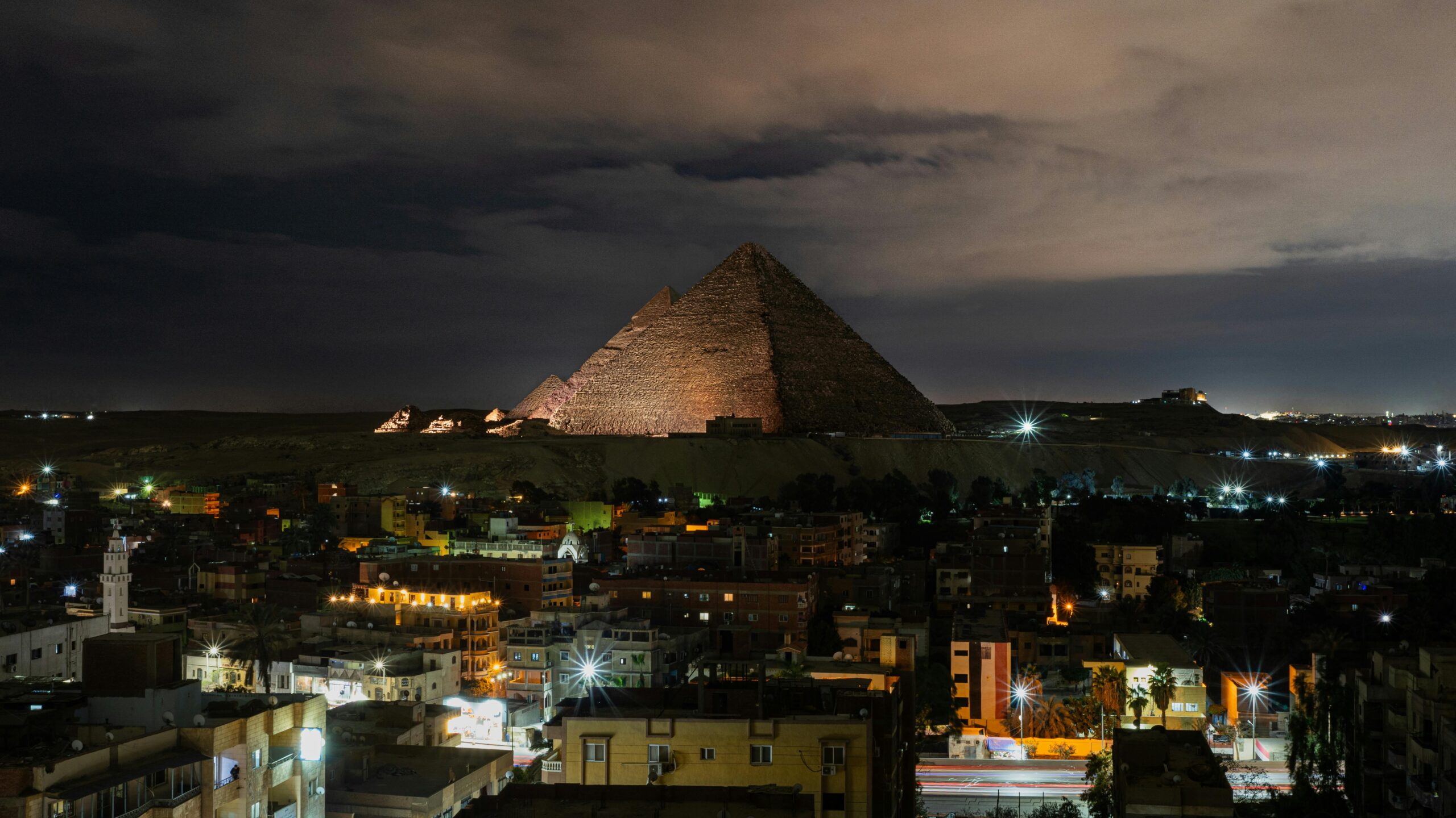 Giza City and Pyramids at Night