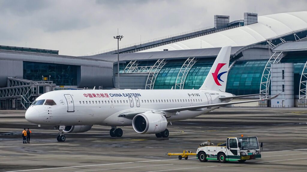 A chinese air plane parked at an airport