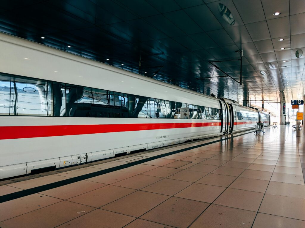 A sleek high-speed train at Frankfurt station, ready for public transport.