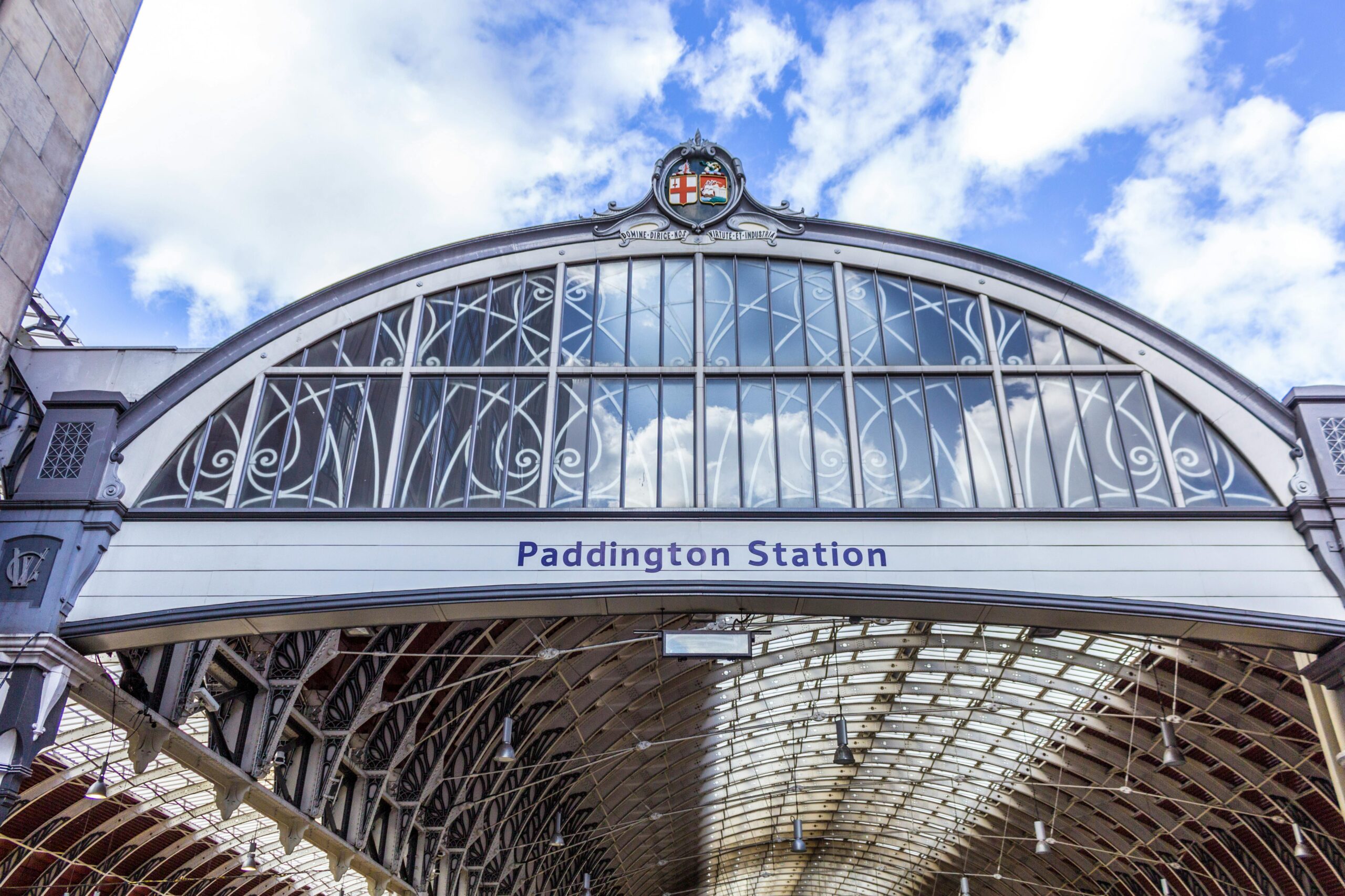 View of the historic architectural entrance of Paddington Station, London.