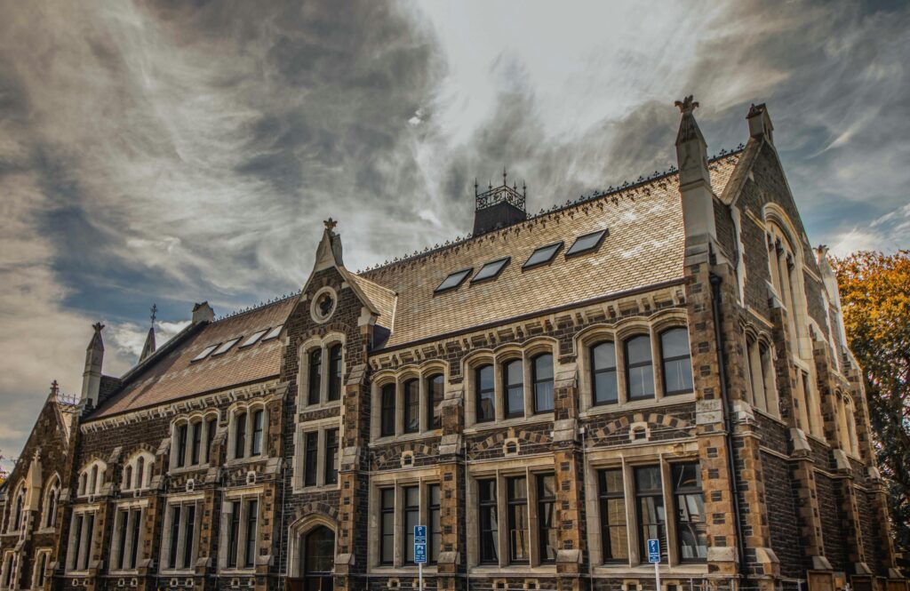 Stunning Gothic architecture of a historical building in Christchurch, New Zealand.