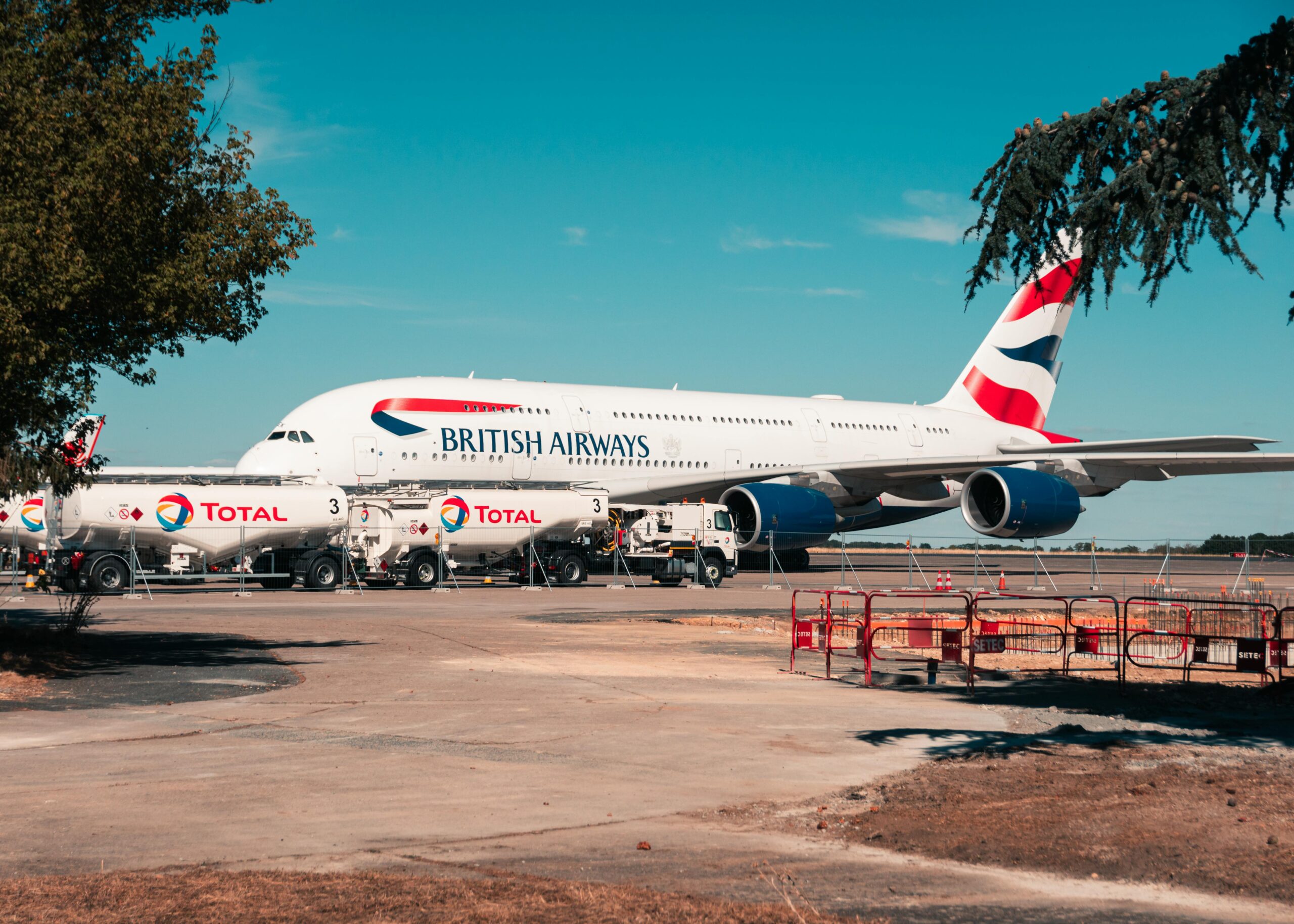 A British Airways A380 being serviced at the airport in Déols, France.