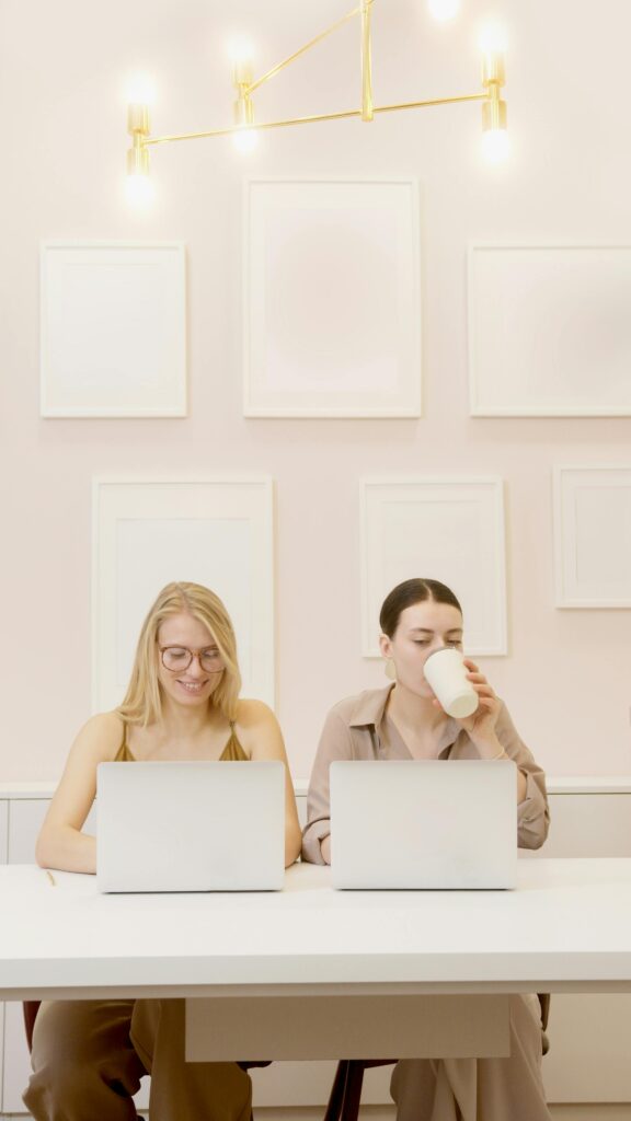 Two professional women working on laptops in a modern, minimalist office setting.