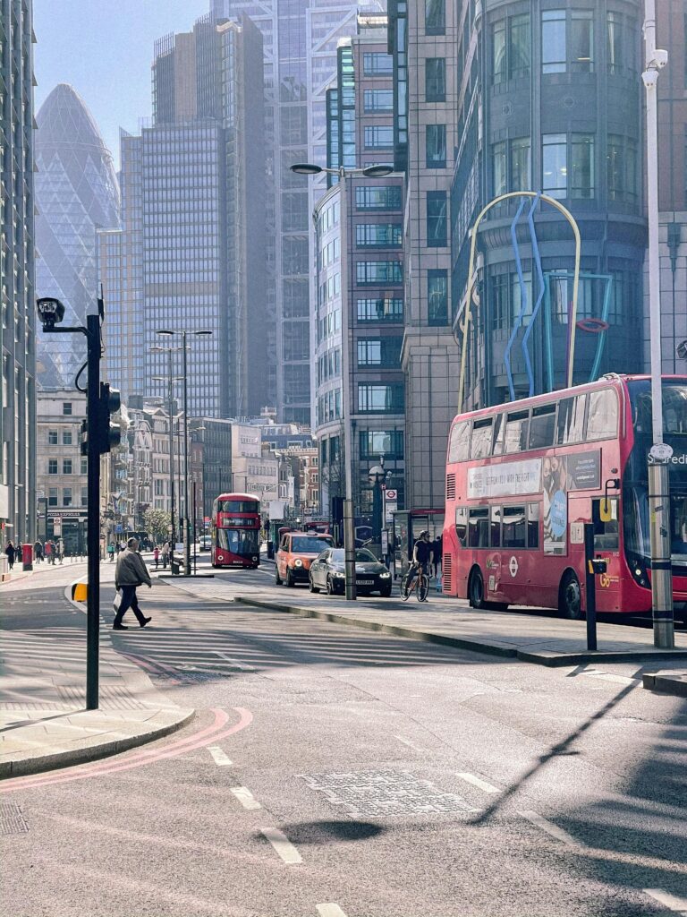 Street with public transport and contemporary architecture