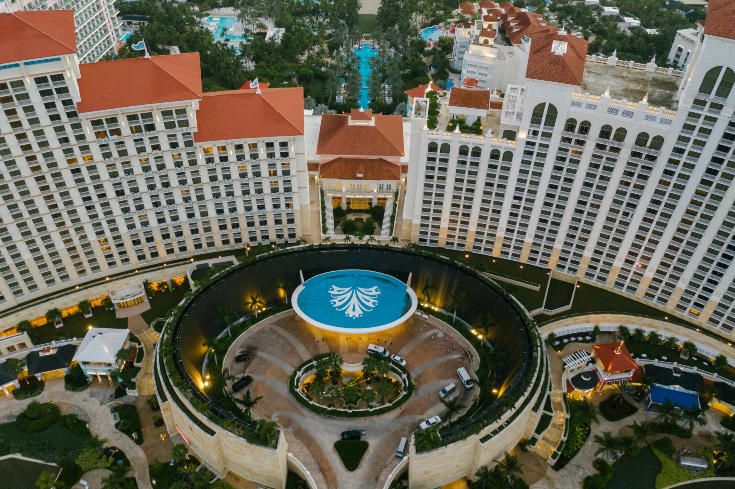 Captivating aerial view of a luxury resort in Nassau, Bahamas, highlighting its grand architecture and lush surroundings.