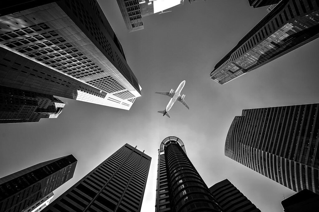 airplane, buildings, perspective