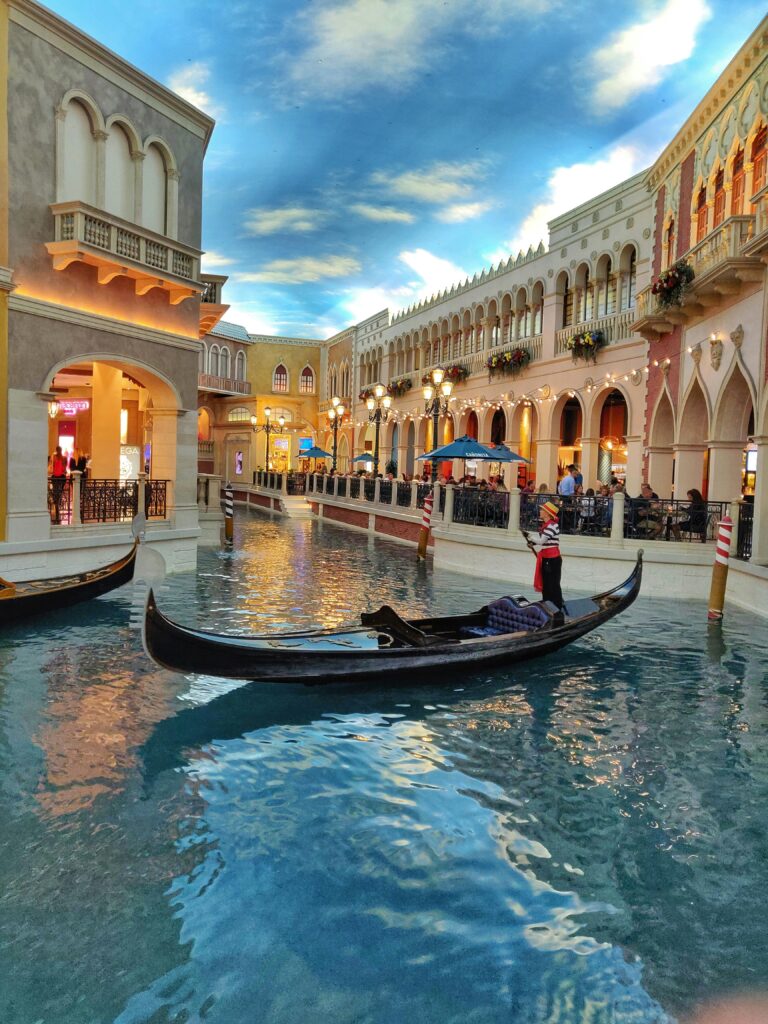 A scenic gondola ride through the Venetian Resort's indoor canal in Las Vegas, NV.