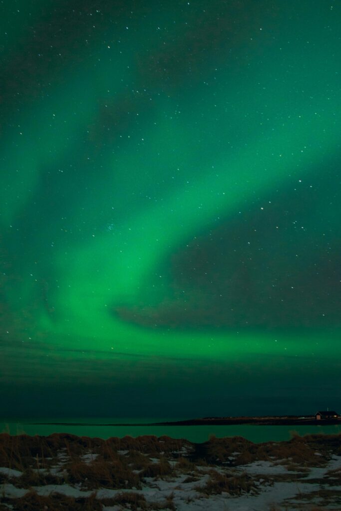 A breathtaking view of the Northern Lights illuminating the night sky above a snowy coastline.