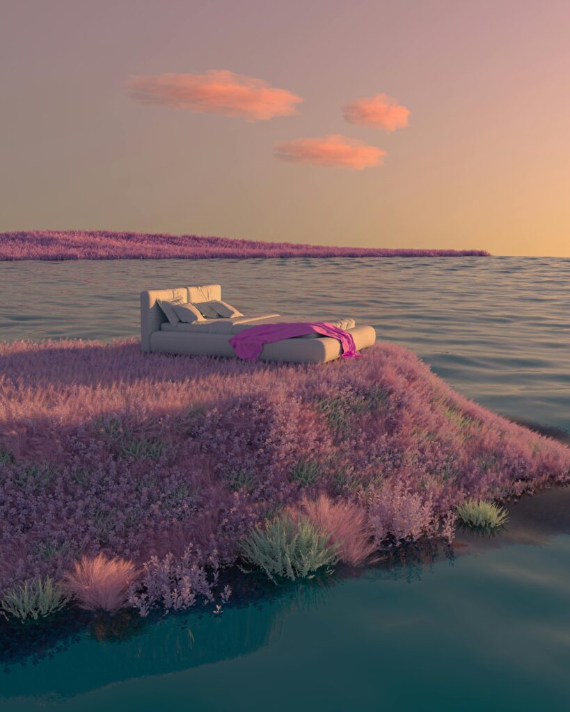 Surreal digital artwork of a bed on a floating lavender island at sunrise, offering a calming and magical escape.