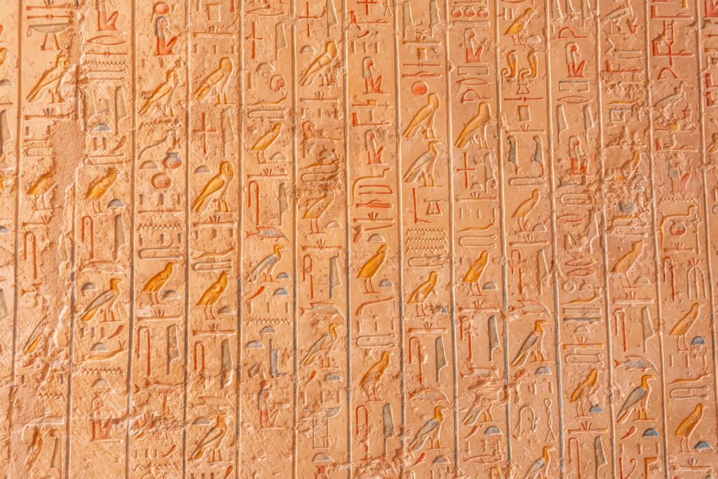 Close-up of intricate Egyptian hieroglyphs carved on a stone wall showcasing history and archaeology.