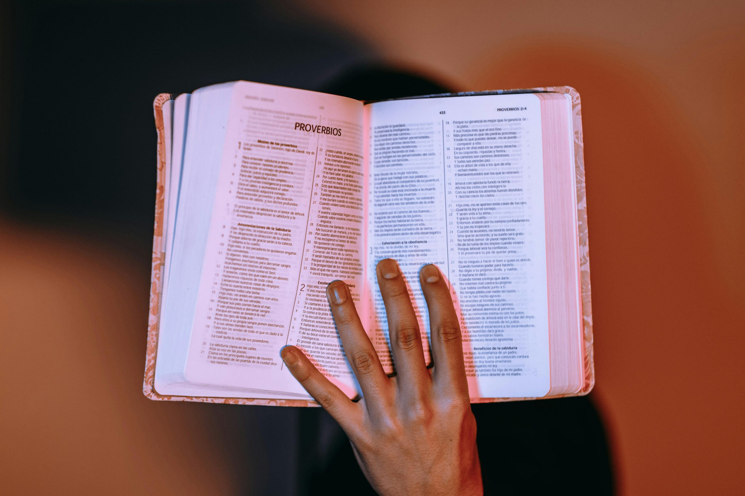 A close-up of a hand holding an open Bible, displaying Proverbs under warm lighting.