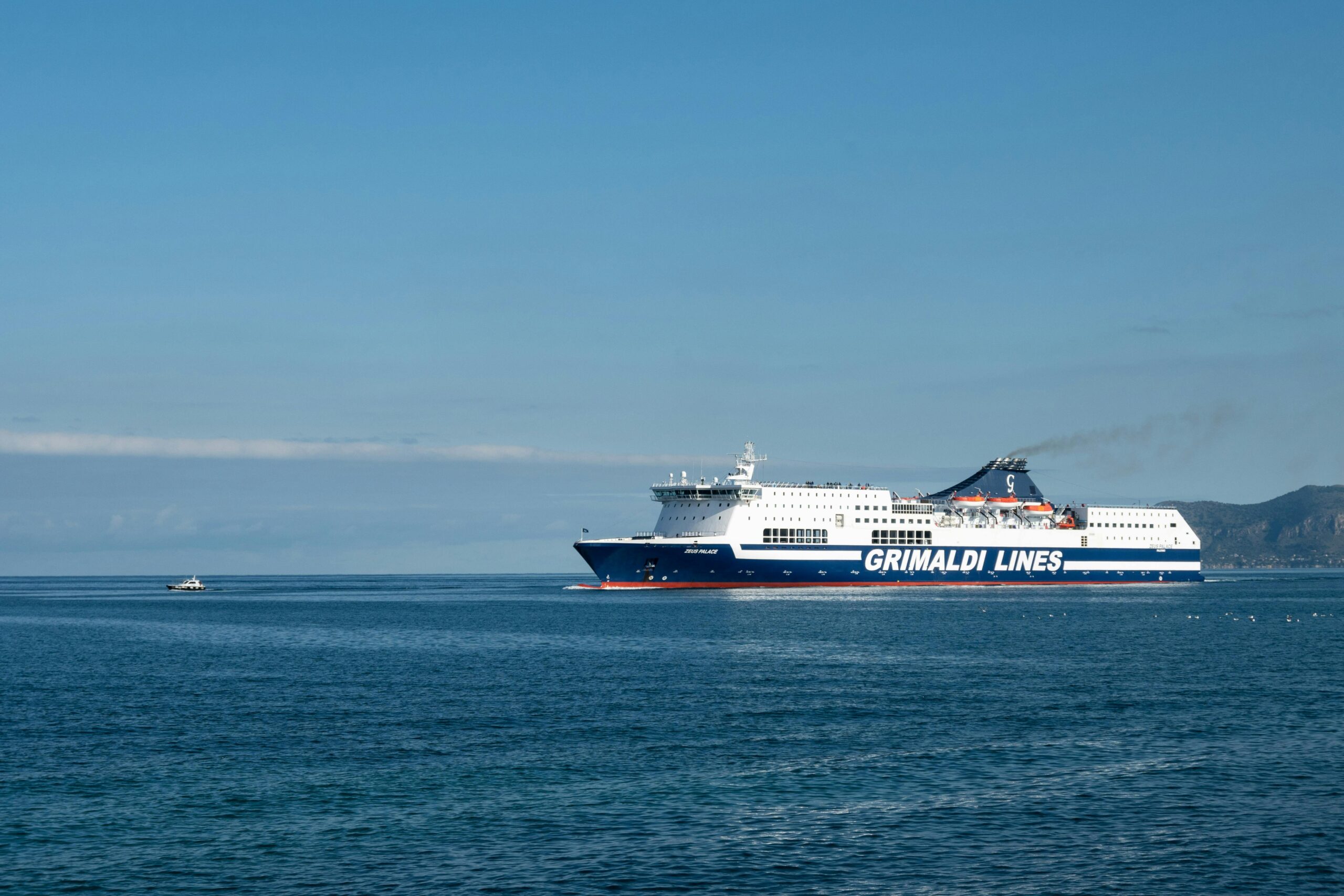 Ferry from Grimaldi Lines cruising the Mediterranean Sea near Sicily, Italy.