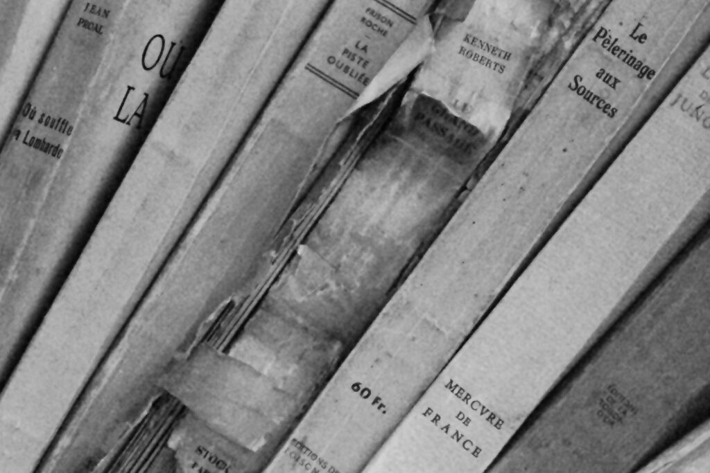 Close-up of vintage books in a monochrome library, showcasing aged book spines and classic typography.