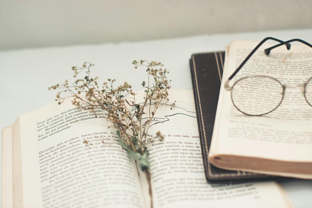 A still life with open books, glasses, and a dry flower conveying a vintage aesthetic.