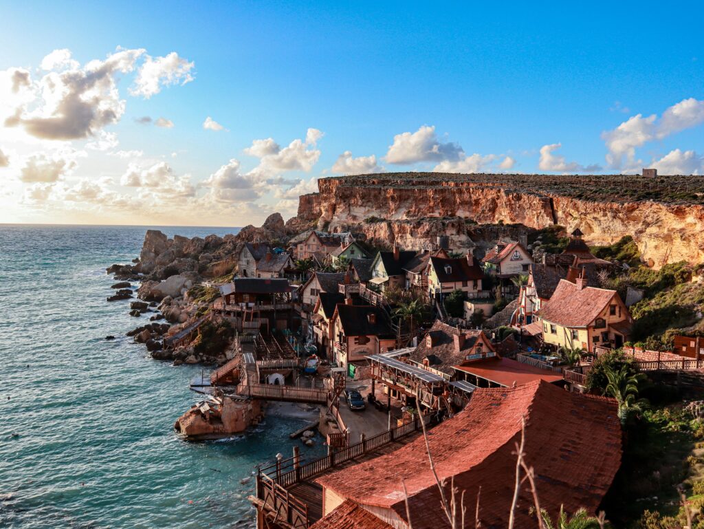 Scenic view of the famous Popeye Village set along Il-Mellieħa's rugged coastline in Malta.