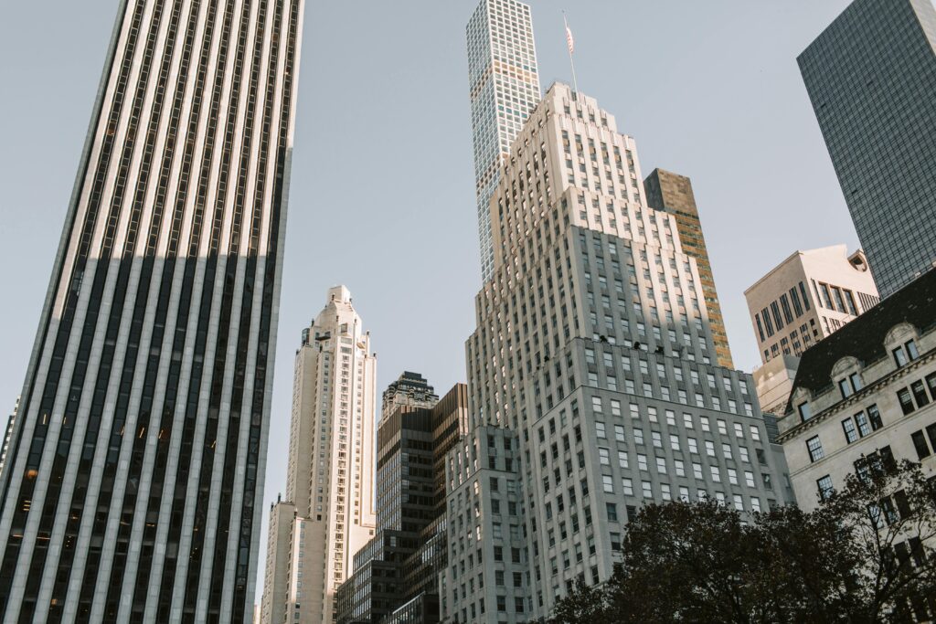 A captivating view of modern skyscrapers rising in New York City's iconic skyline.