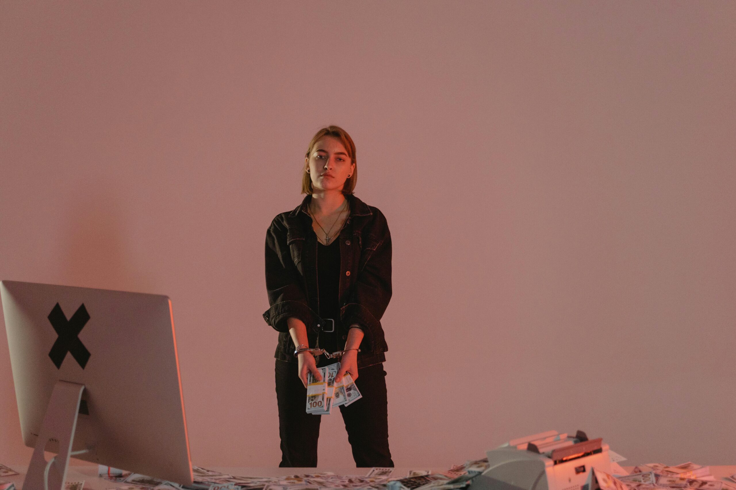 A young woman in handcuffs holding cash amidst a digital crime setup.