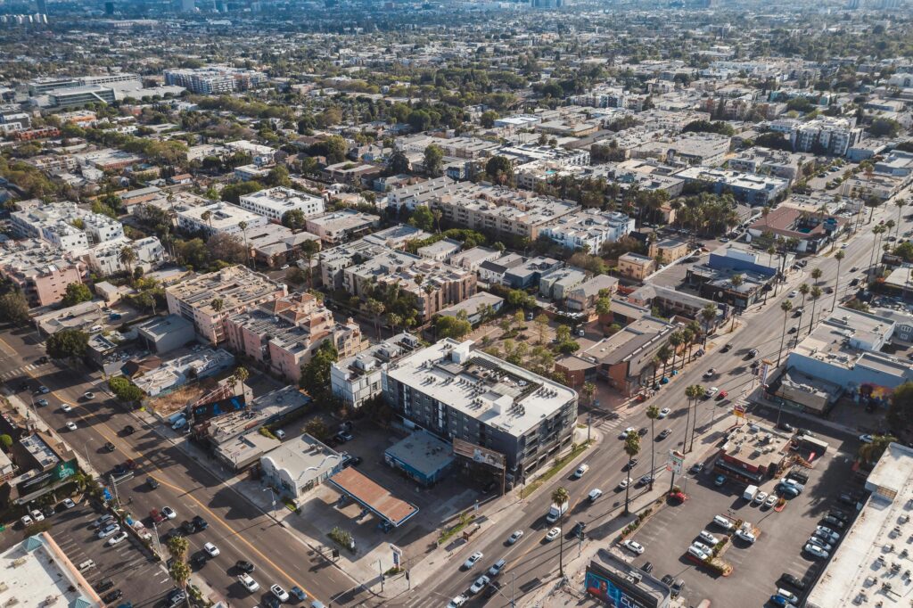 Aerial photograph showcasing the dense urban sprawl and road networks of Los Angeles.