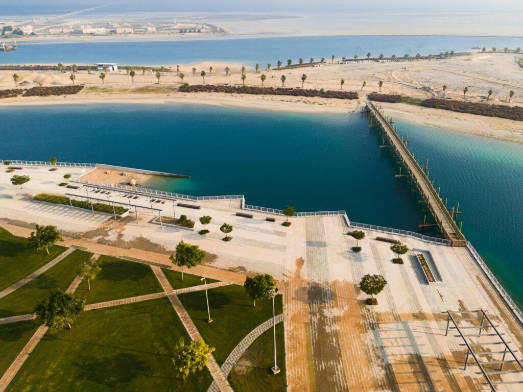 Aerial shot of the picturesque Al Jubail waterfront promenade in Saudi Arabia.