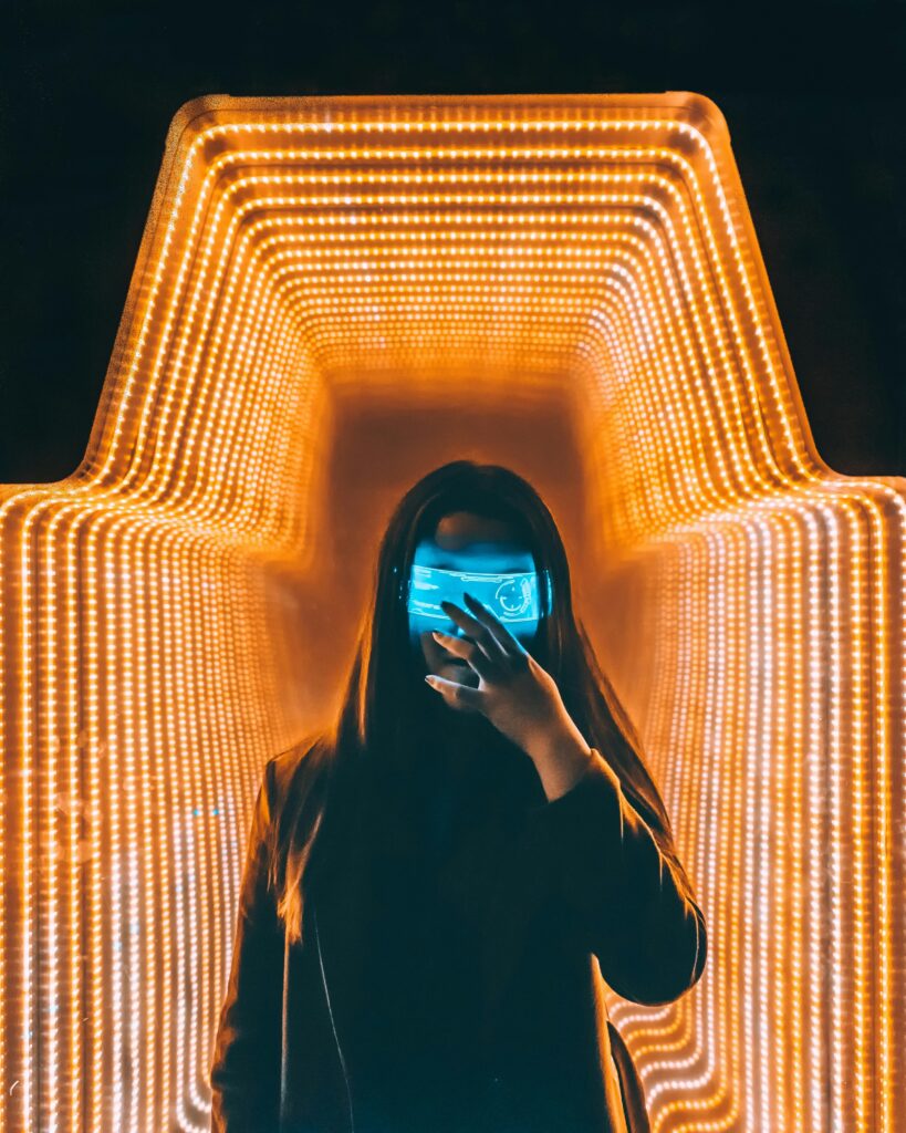 Asian woman in a cyberpunk setting with neon lights wearing a LED mask, creating a futuristic and moody vibe.