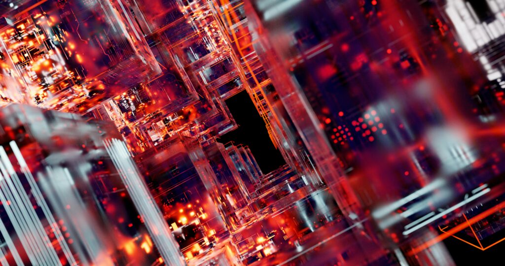 Stunning abstract view of futuristic digital circuitry with glowing effects.