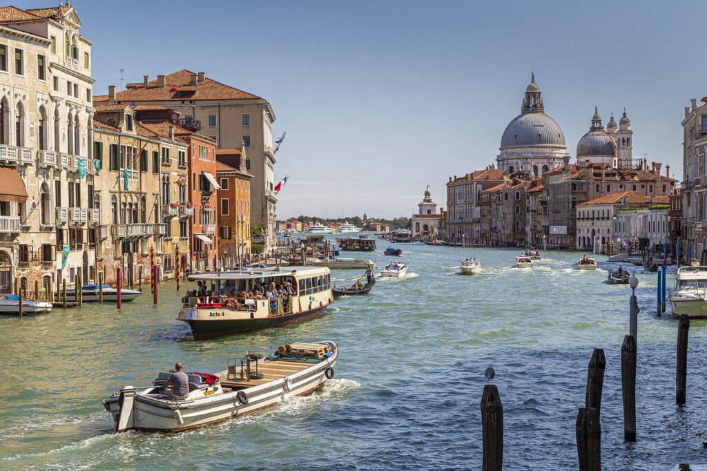 venice, grand canal, italy, canal, venetian, boat, water bus, basilica di santa maria, blue boat, blue bus, venice, venice, venice, venice, venice, italy