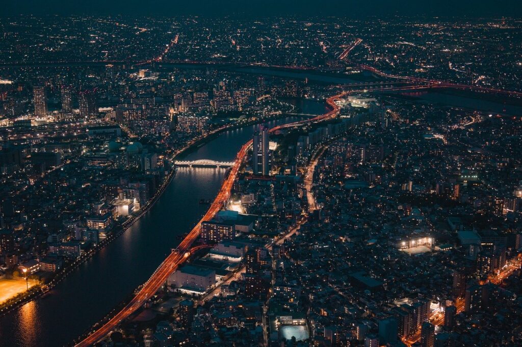 bridge, city, night, architecture, dark, center, japan, lights, river, road, skyscraper, street, travel, urban, vast, tokyo