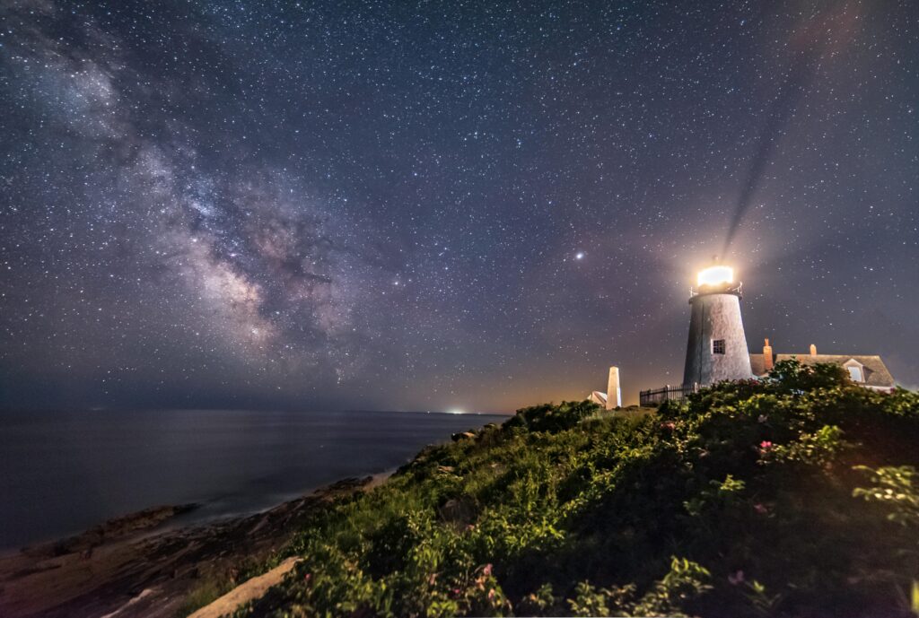 Experience the breathtaking starry night at Pemaquid Point Lighthouse in Bristol, Maine.