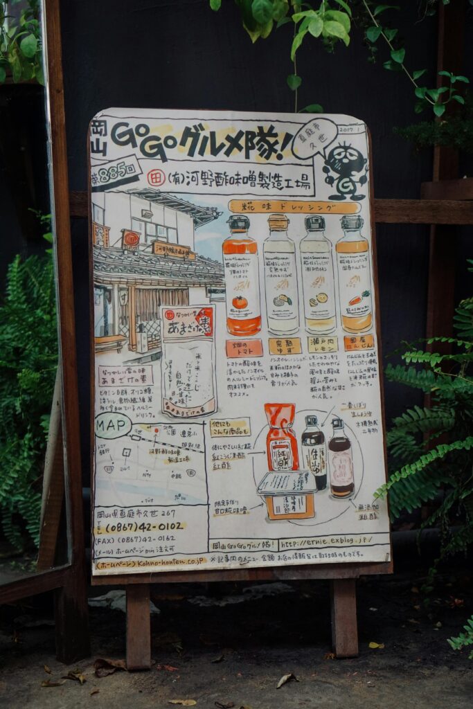 Detailed signboard featuring product illustrations and Japanese script in an outdoor setting.