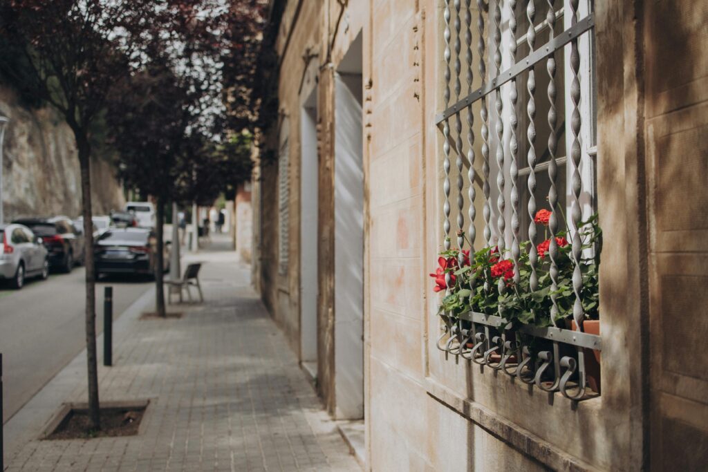 Quaint street scene with vibrant red flowers in a window, capturing a peaceful urban morning.