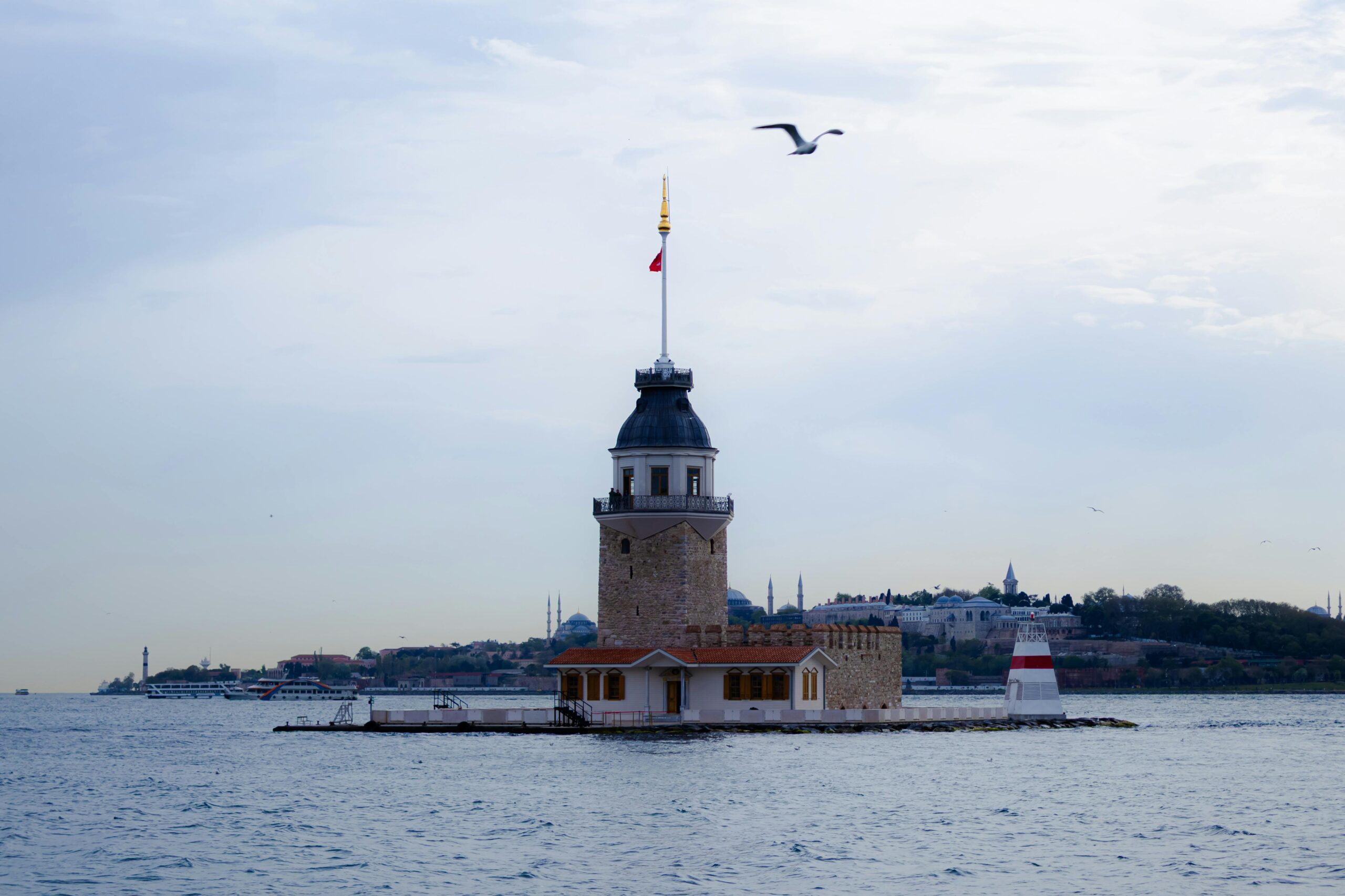 Maiden's Tower with a seagull flying over the Bosphorus in Istanbul, seen from Üsküdar.