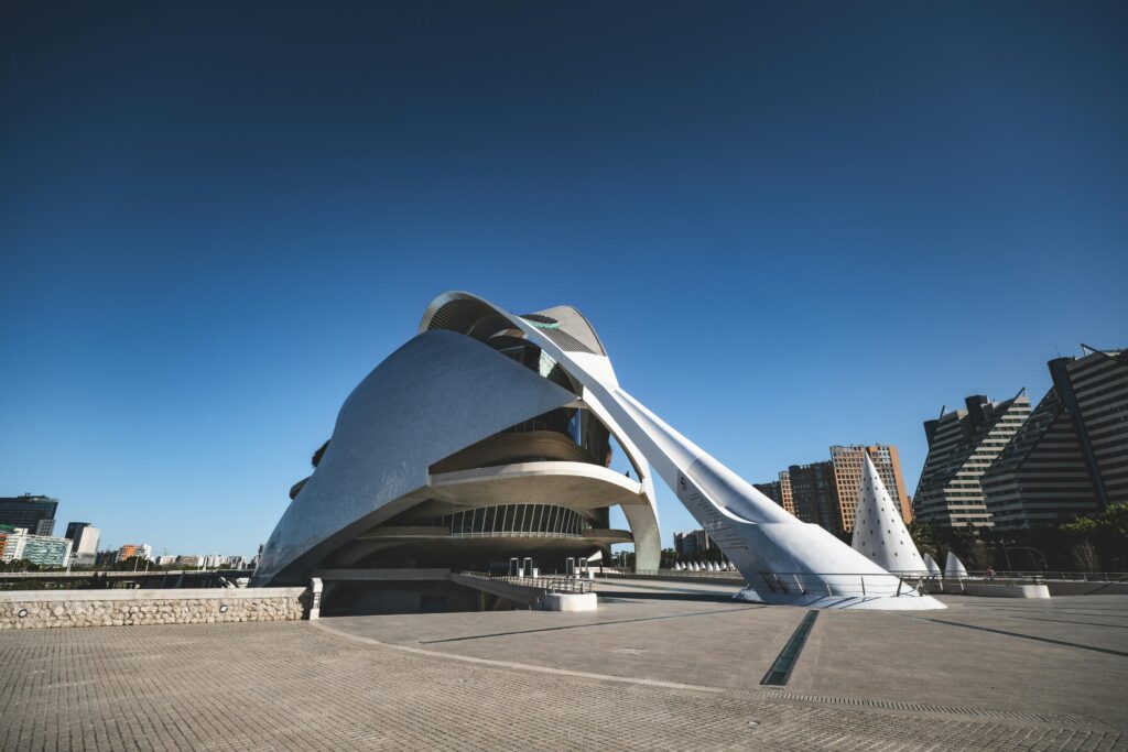 Stunning view of Valencia's City of Arts showcasing modern architectural design under a clear blue sky.