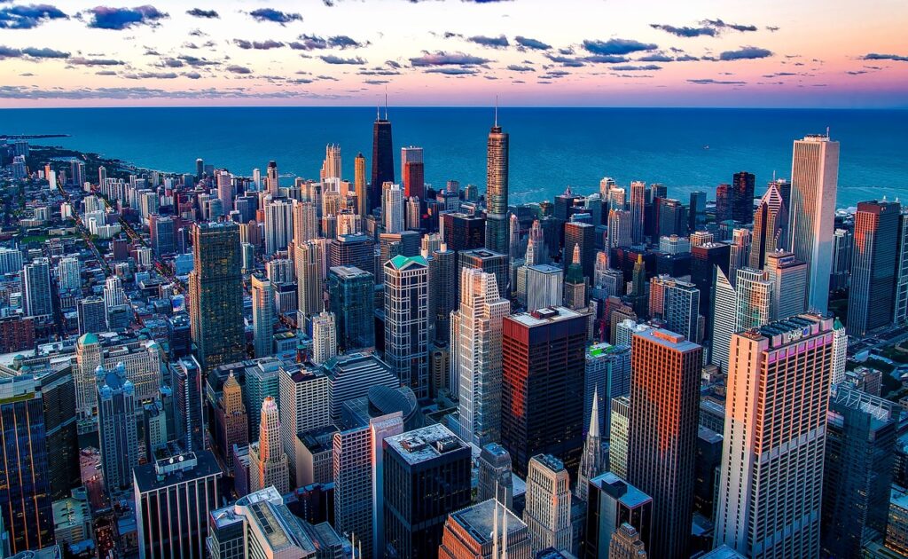 chicago, illinois, lake michigan, water, skyscraper, urban, building, downtown, architecture, structure, midwest, blue city, blue water, blue building, nature, blue lake