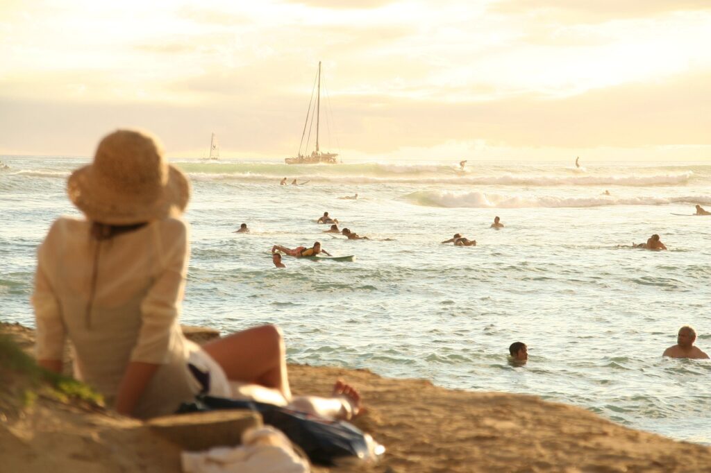 sea, nature, woman, hawaii, beach, sunset, swimming, vacation, summer, leisure
