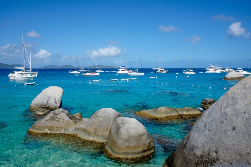 Beautiful Caribbean bay with sailboats and turquoise waters at Devil's Bay, Virgin Islands.