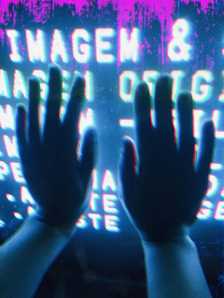 Backlit hands in silhouette against a digital screen displaying text.