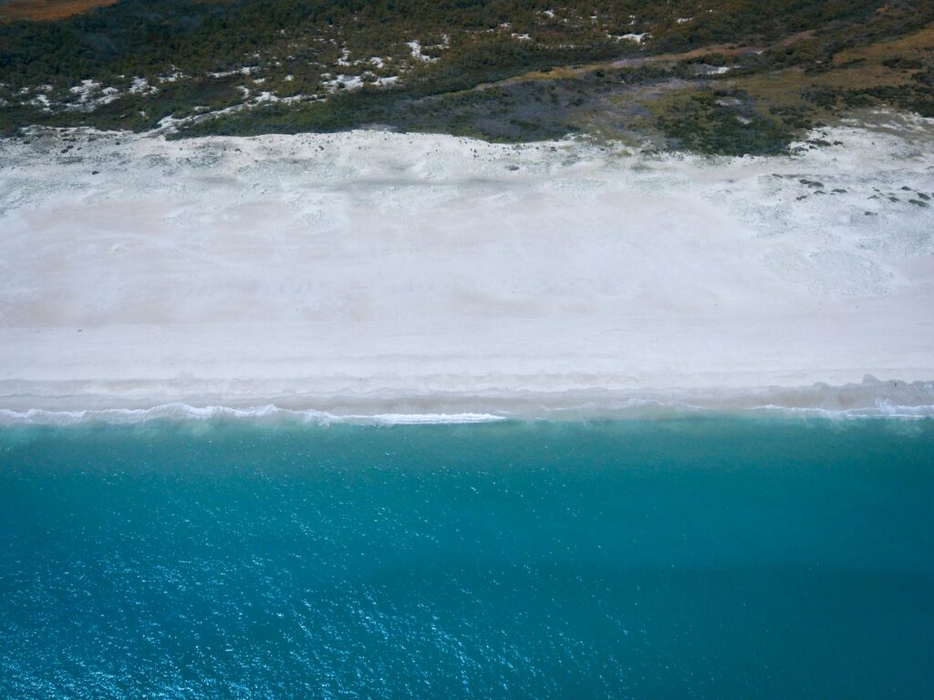 An aerial view of Ocean City's pristine beach with turquoise water and white sand.