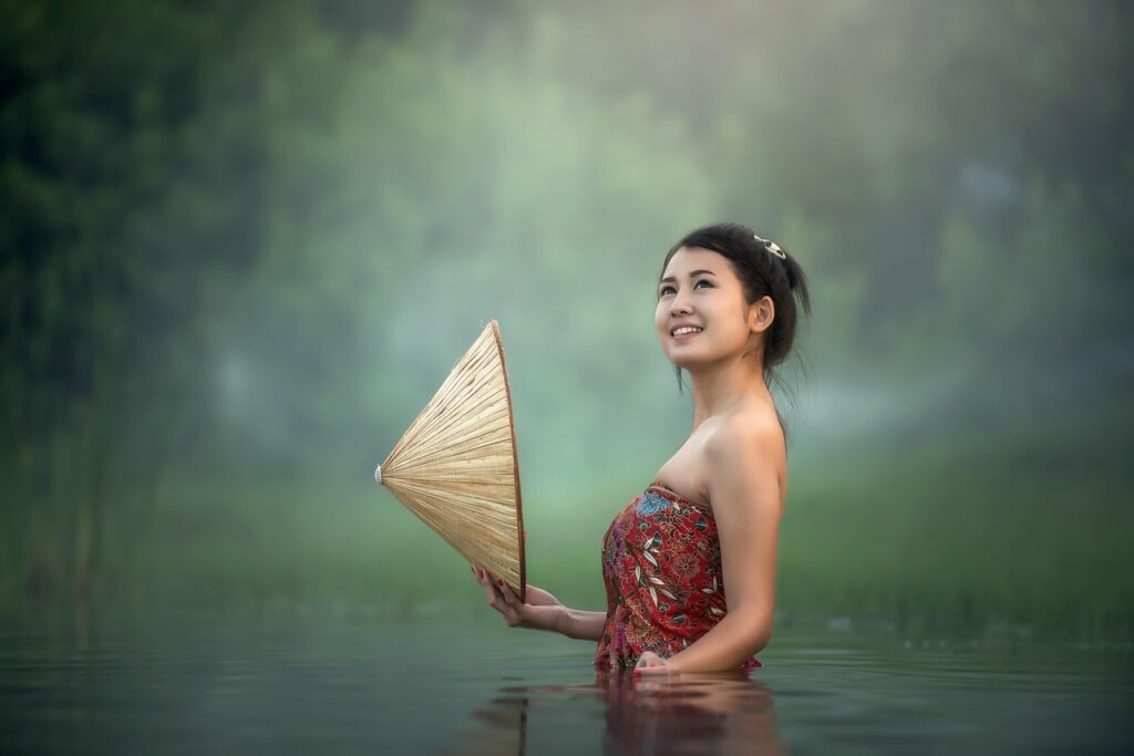 woman, lake, asian, portrait, nature, conical hat, river