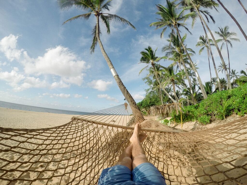 beach, hammock, blue sky, clouds, palm trees, rest, relaxation, holiday, vacation, tropical island, coconut trees, island, leisure, nature, palm, recreation, resort, sand, sea, seashore, summer, travel, tropical