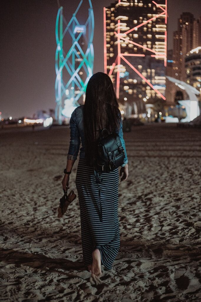 beach, night, girl, woman, urban, sand, mood, walk, serenity, vacations, summer, meditation, travel, tourist, brunette, blue, wellness, nature, brown meditation, brown wellness