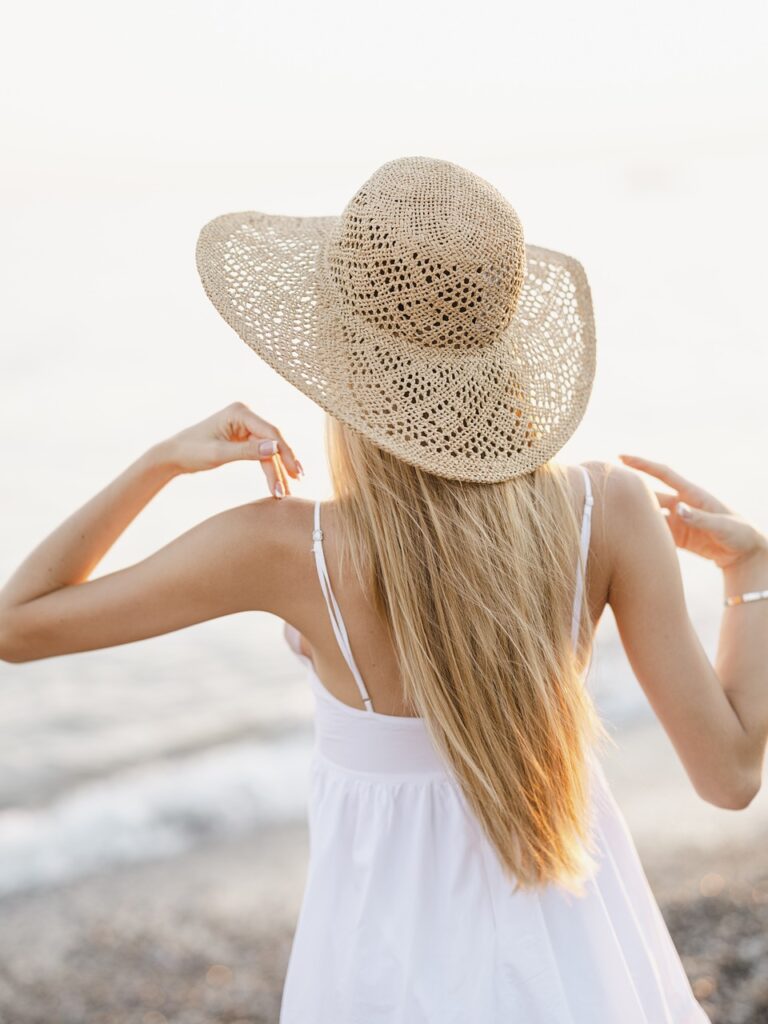 woman, nature, dress, hat, back, girl, beautiful, model, coast, holiday, tourism, trip, wicker hat, fashion, clothes, white dress, attractive, youth, portrait, hair, beach