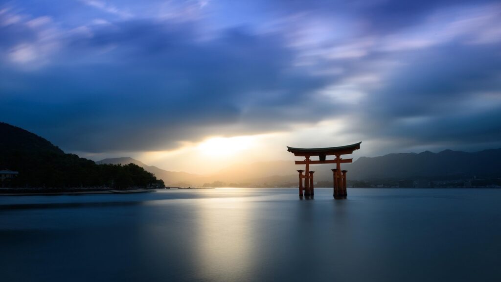 japan, torii gate, temple, itsukushima, water, nature, gate, miyajima, hiroshima, shrine