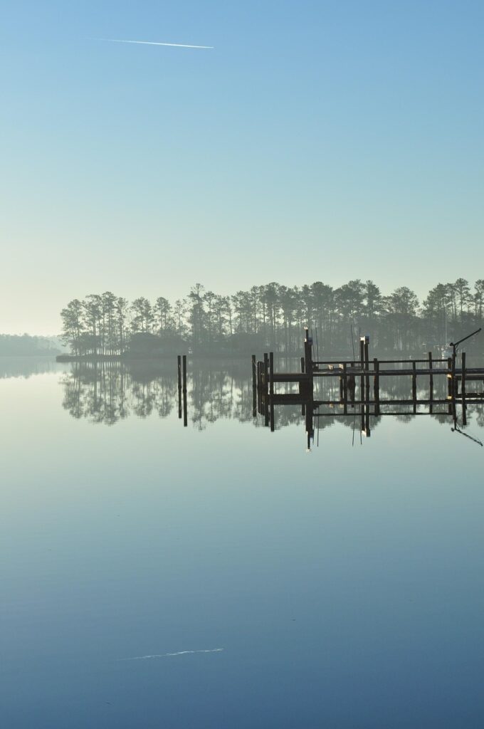 lake, reflection, north carolina, river, water, nature, scenic, fog, blue sky, calm, blue calm