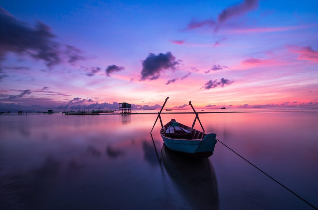 sunrise, boat, rowing boat, nobody, calm, tranquil, blue, sea, lake, water, phu quoc, ocean, sky, travel, tropical, summer, vietnam, color, holiday, blue sky, vacation, nature, reflection, evening, sunset, beautiful, landscape, dawn, morning