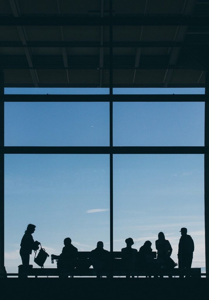airport, people, waiting room, wait, silhouettes, to travel